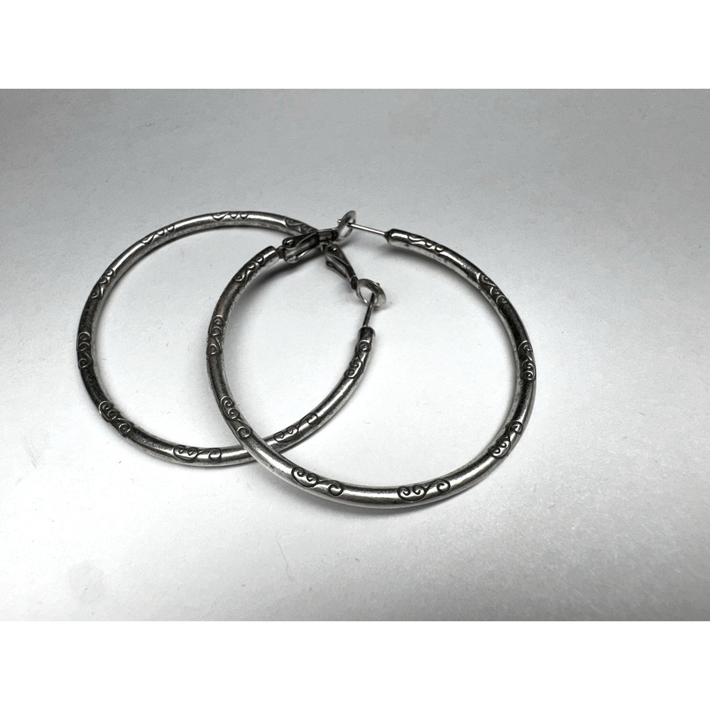 Brighton Charm Silver Tone Engraved Scroll Large Hoop Earrings Bohemian Retro